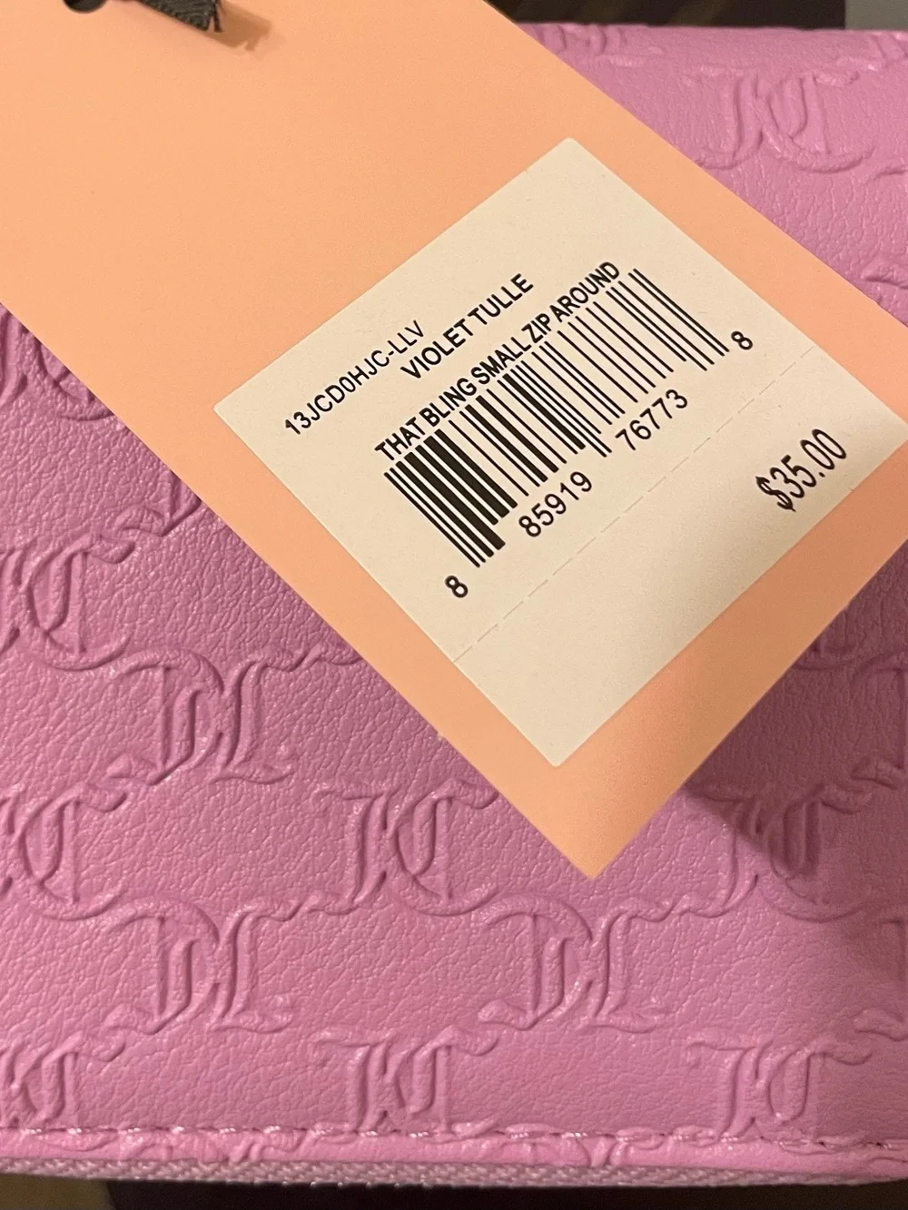 Juicy Couture Pink Embossed Kids Card Wallet with Crystal Logo Charm